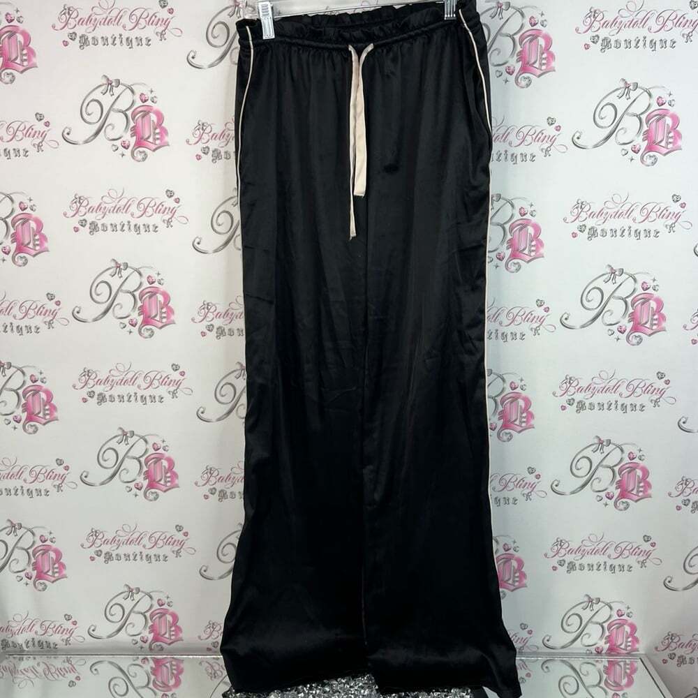 Victoria's Secret pants shiny silky feel pink trim Black Satin Lounge Pants